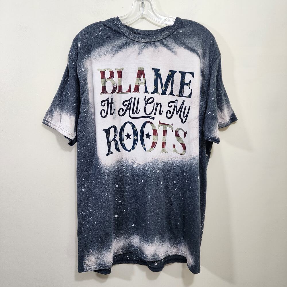 Gildan Blame it all on my roots American flag print bleach splat t-shirt size XL
